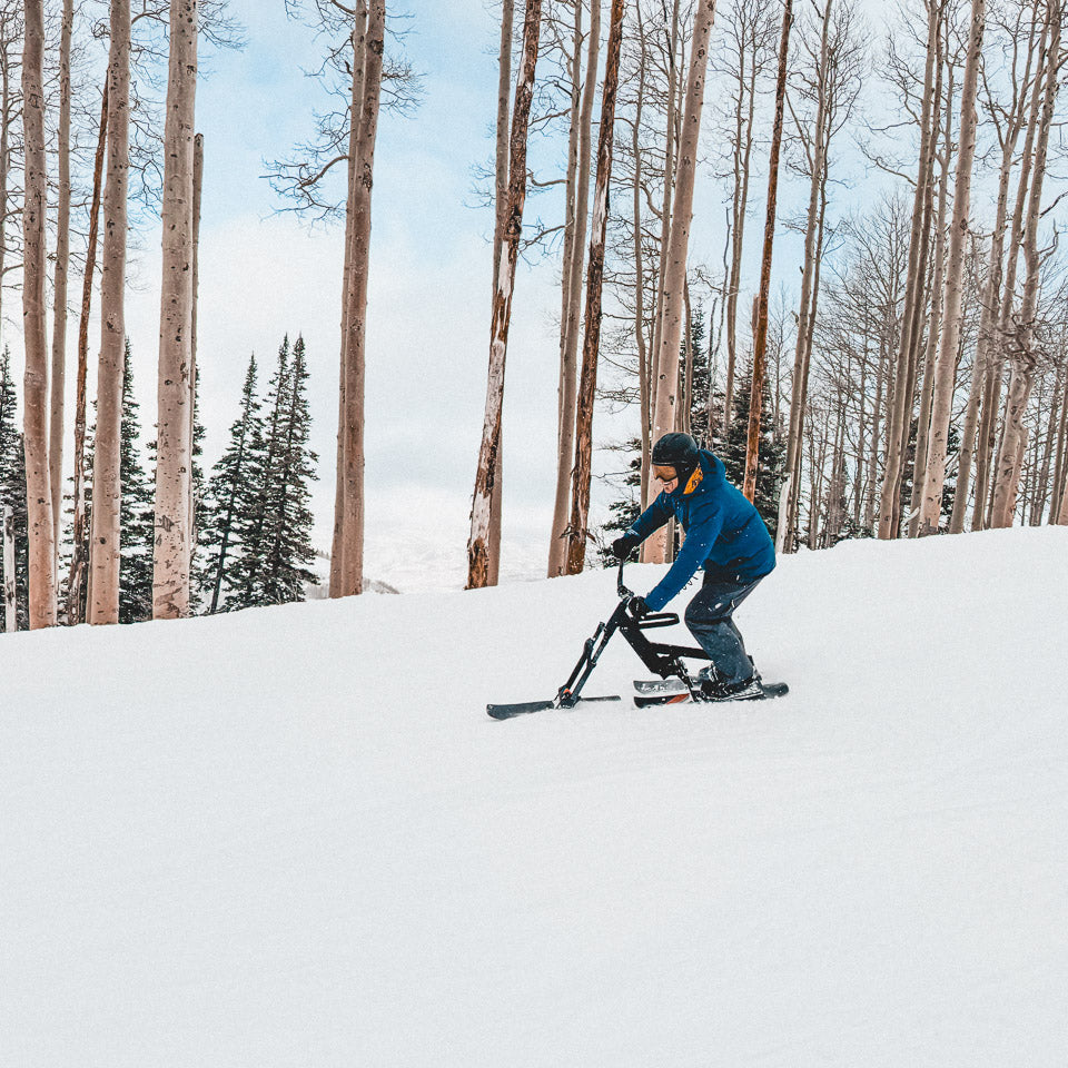 Person using a snow bike in a snowy forest
