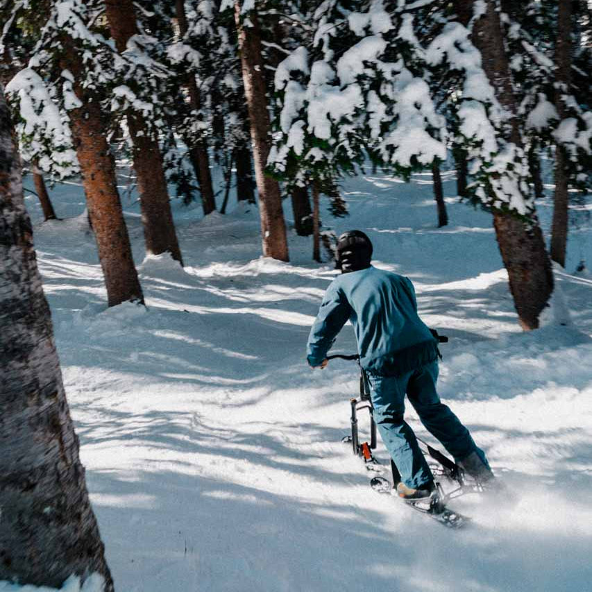 Person ski biking through a snowy forest with trees covered in snow.