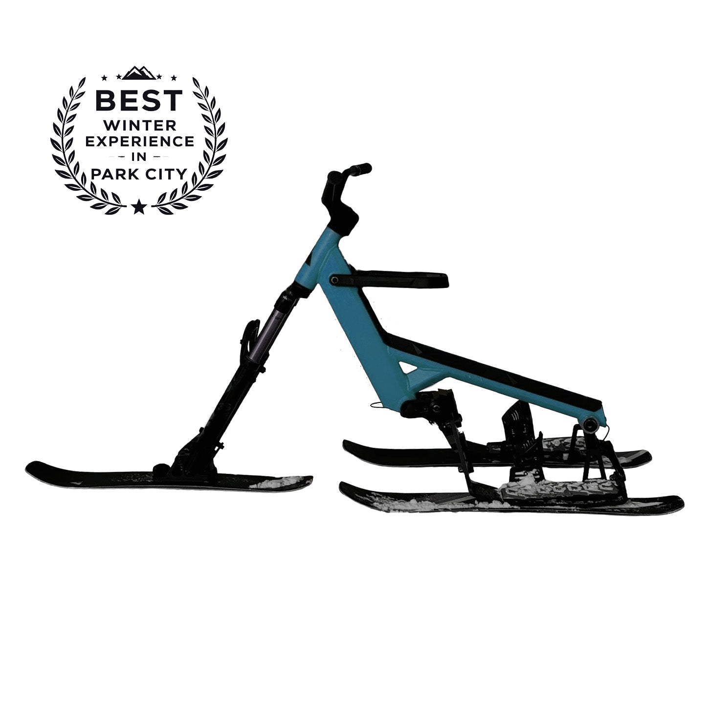 Snow bike with skis on a white background, featuring 'Best Winter Experience Park City' logo.